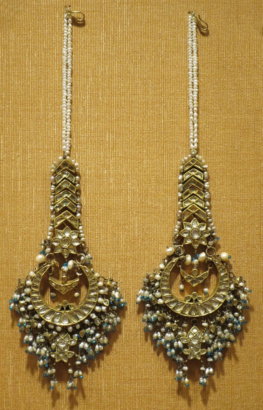Pair of earrings northern India 19th century gold pearls and clear stones Honolulu Academy of Arts